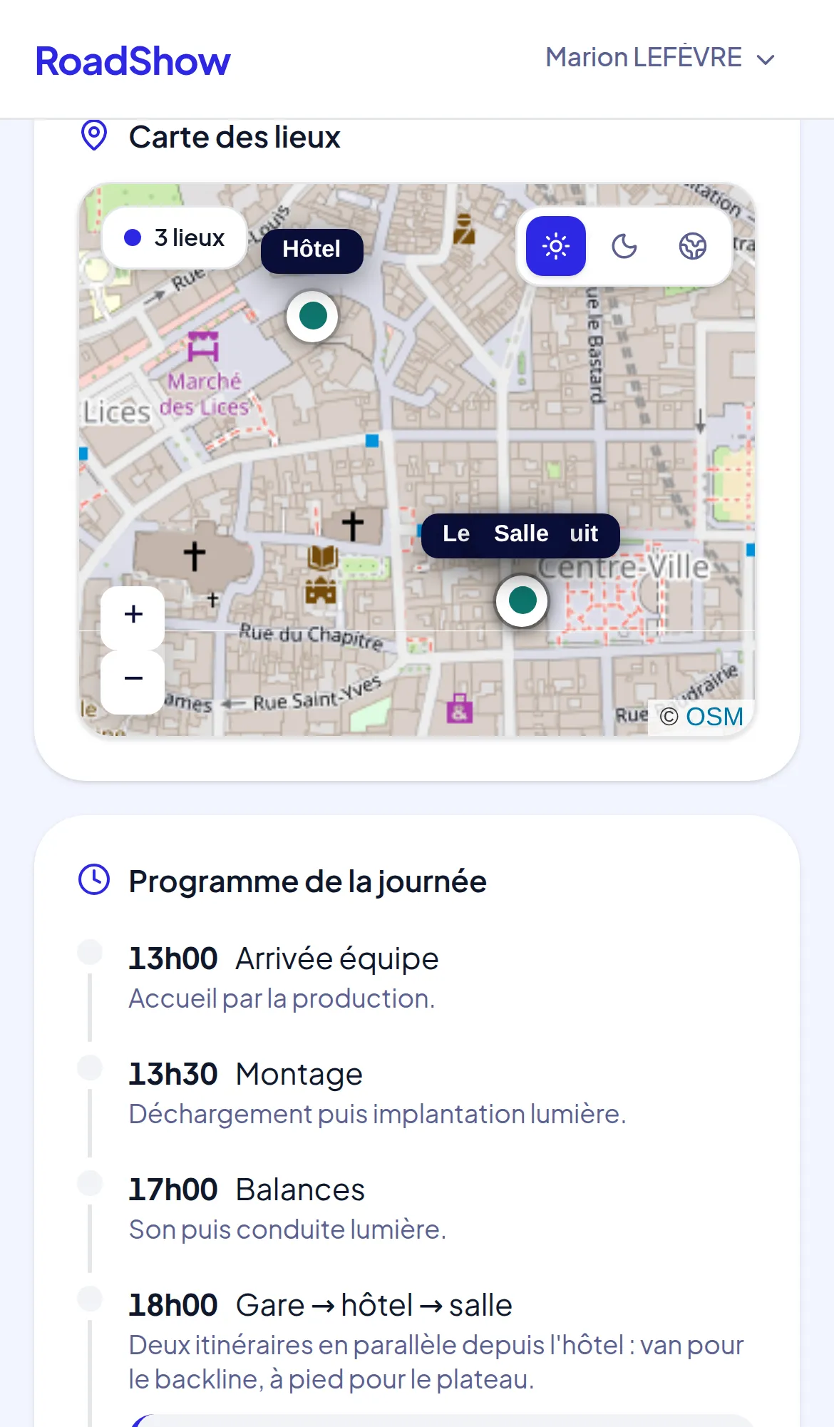 Le portail sur un téléphone : la carte des lieux et le programme de la journée.