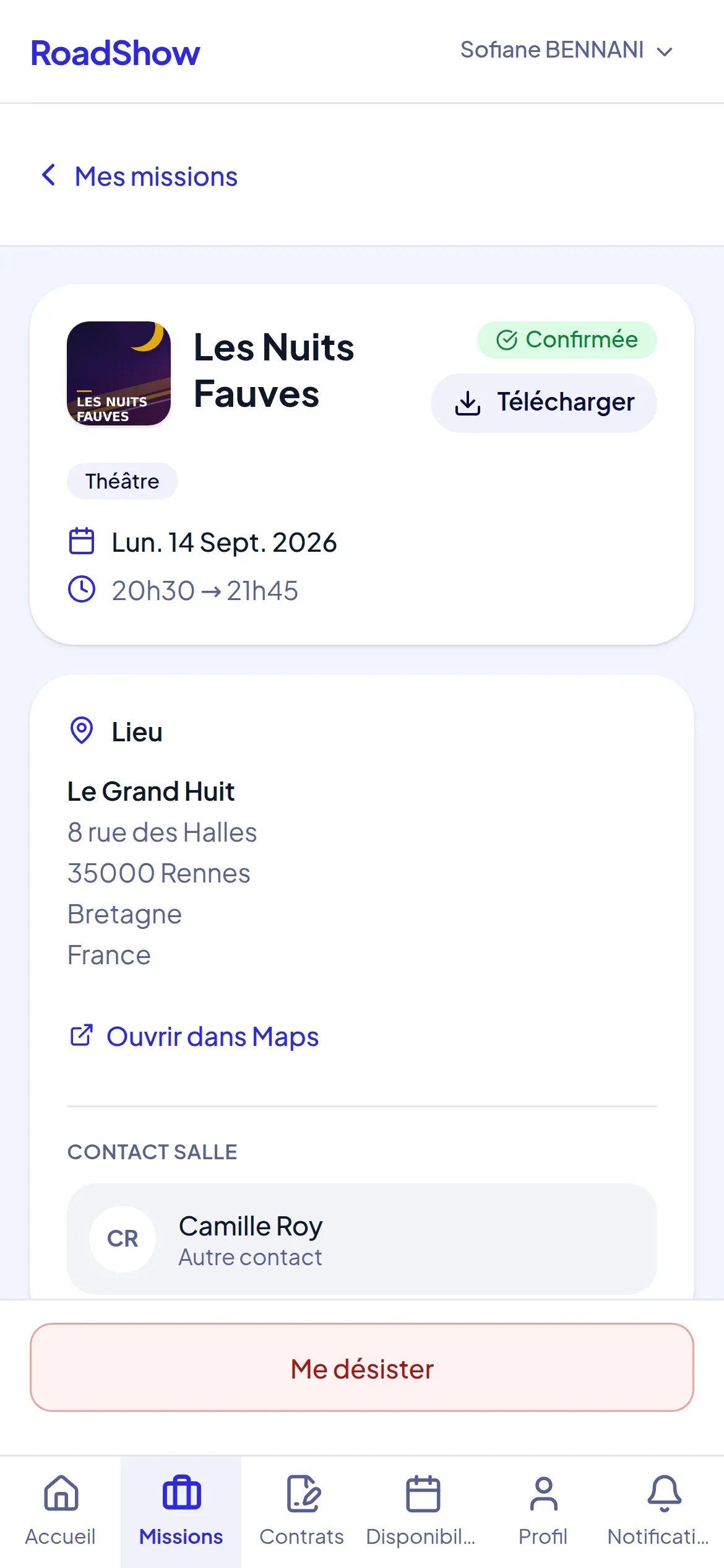 La fiche d'une mission sur le téléphone d'un technicien.